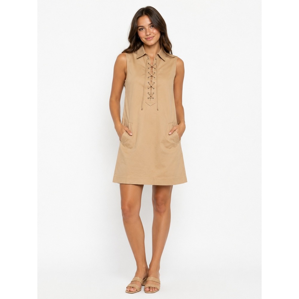Lauren Ralph Lauren Tan Khaki Lace Up Sleeveless Shift Dress Pockets Women's XS